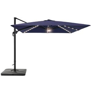 10 ft. Square Outdoor Aluminum Frame Cantilever Solar LED 360° Rotation System Patio Umbrella in Navy Blue