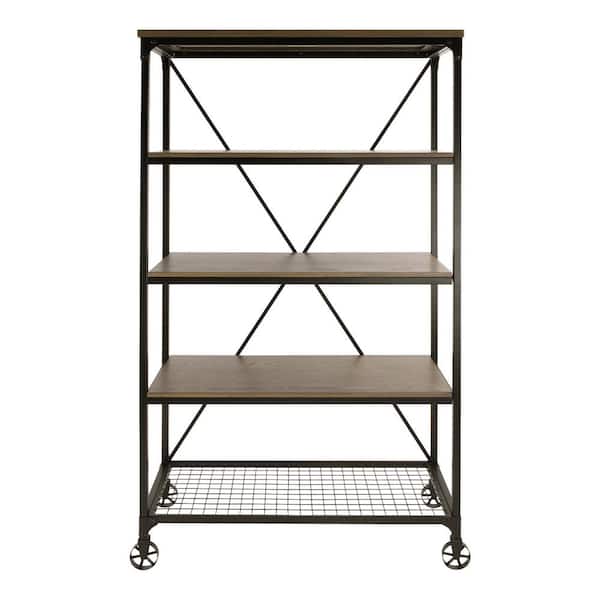 EVERGLADE HOME Blanchard 40 in. W Weathered Light Wood and Rustic Black Metal Frame 4-Shelves Standard Bookcase with Casters