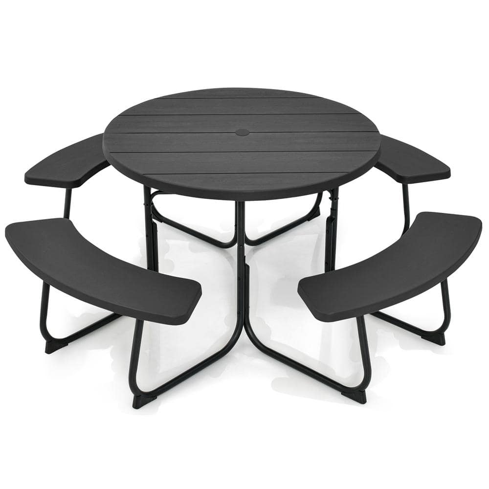 Costway 75 in. Black Round Picnic Table Outdoor Bench Set Seats 8