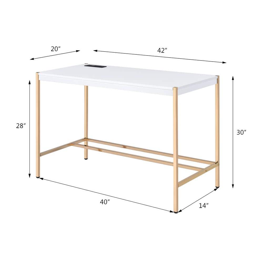 Elegance White & Gold Writing Desk with USB Port and Cable Management