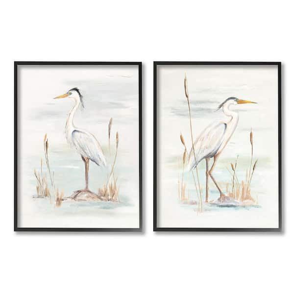 Elegant Heron Birds Cattails Plants in Water Painting Design By Patricia Pinto Framed Animal Art Print 20 in. x 16 in.