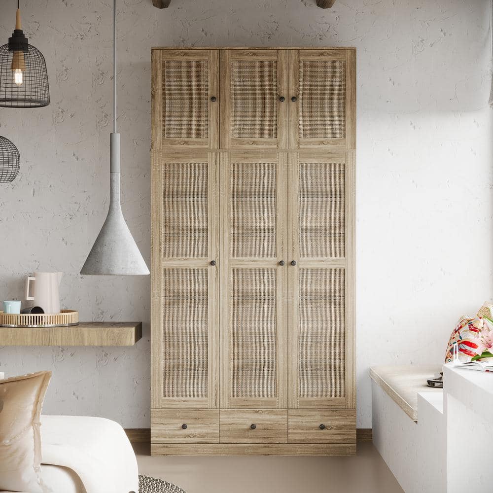 FUFU&GAGA Brown Wood Grain 47.2 in. W Rattan Doors Wardrobe with 3