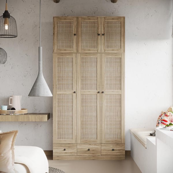 FUFU&GAGA Brown Wood Grain 47.2 in. W Rattan Doors Wardrobe with 3-Drawers, Hanging Rod, Top Cabinet (94.5 in. H x 18.8 in. D)