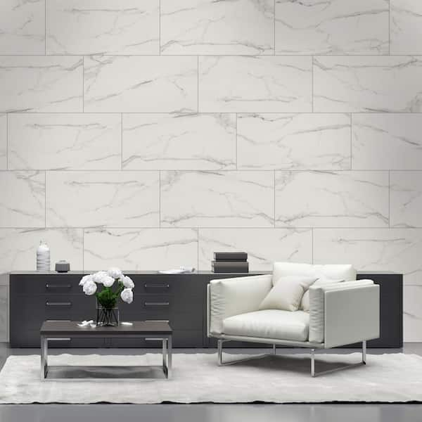 Carrara Noire 16 in. x 32 in. Polished Porcelain Marble Look Floor and Wall Tile (14.20 sq. ft./Case)