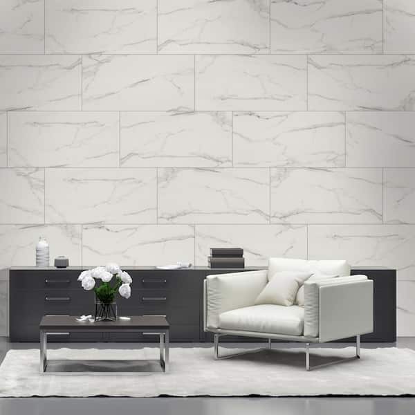 Carrara Noire 16 in. x 32 in. Polished Porcelain Marble Look Floor and Wall Tile (3.55 sq. ft./Each)