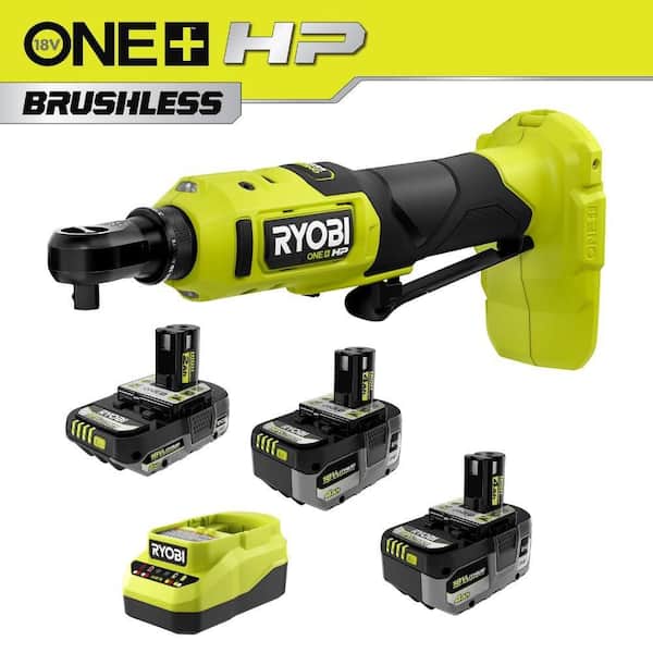 ONE+ HP 18V Brushless Cordless Compact 3/8 in. Ratchet Kit with (1) 2.0 Ah Battery, (2) 4.0 Ah Batteries, and Charger