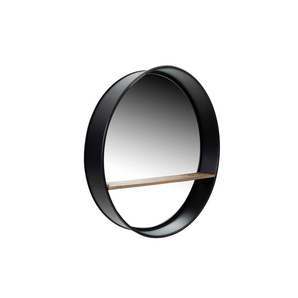 Contemporary Black Metal & Wood Round Wall Mirror with Shelf