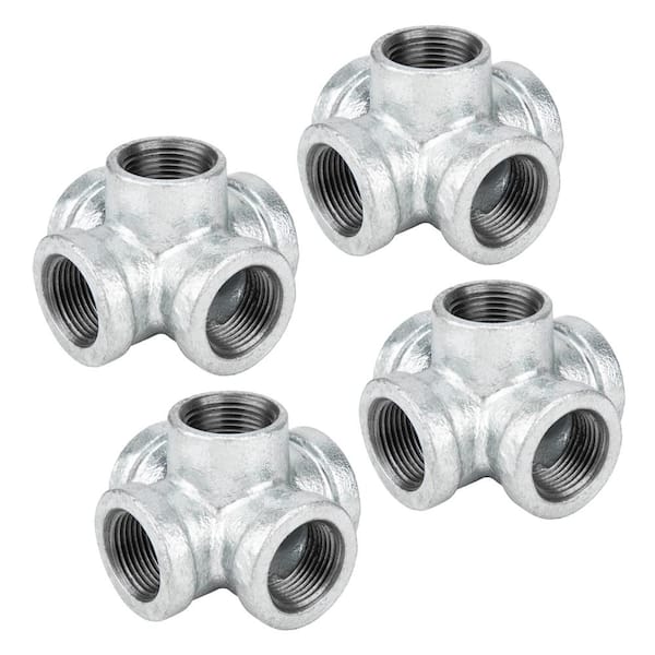 PIPE DECOR 1 in. 5-Way Galvanized Iron Cross with Side Outlet Fitting (4-Pack)