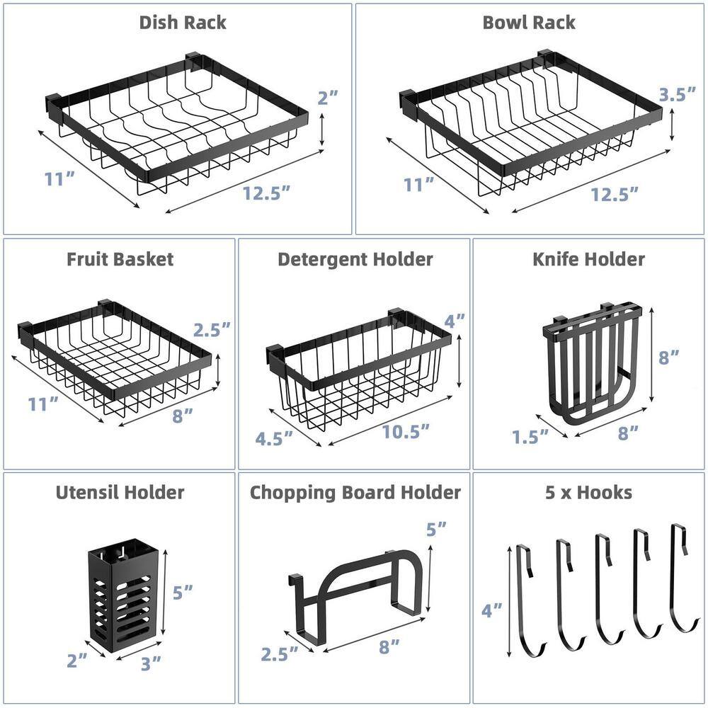 Adjustable Black Steel Over Sink Dish Drying Rack with Hooks