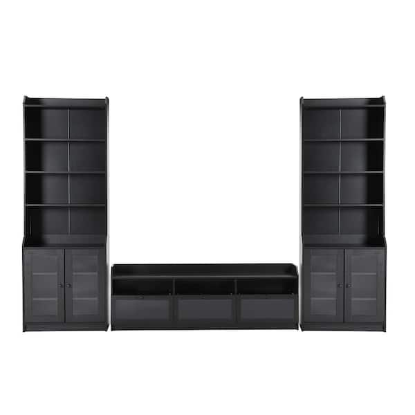 Polibi Black TV Stand, TV Stand Set Fits TV's up to 65 in. with Tall Cabinets and Acrylic Board Door