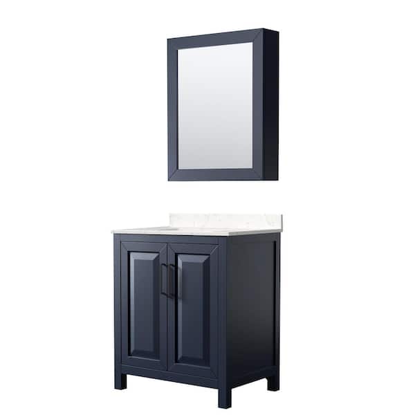 Wyndham Collection Daria 30 in. W x 22 in. D x 35.75 in. H Single Bath Vanity in Dark Blue with Carrara Cultured Marble Top and Mirror