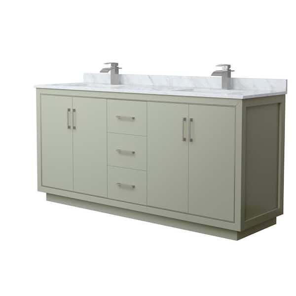 Wyndham Collection Icon 72 in. W x 22 in. D x 35 in. H Double Bath Vanity in Light Green with White Carrara Marble Top