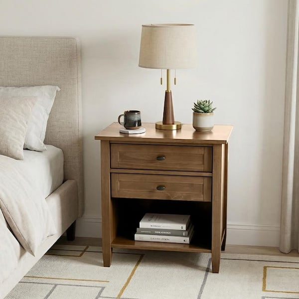 Warm Shaker 24 in. Wide Rectangle Solid Wood Nightstand with 2 Drawers in Rustic Natural Aged Brown