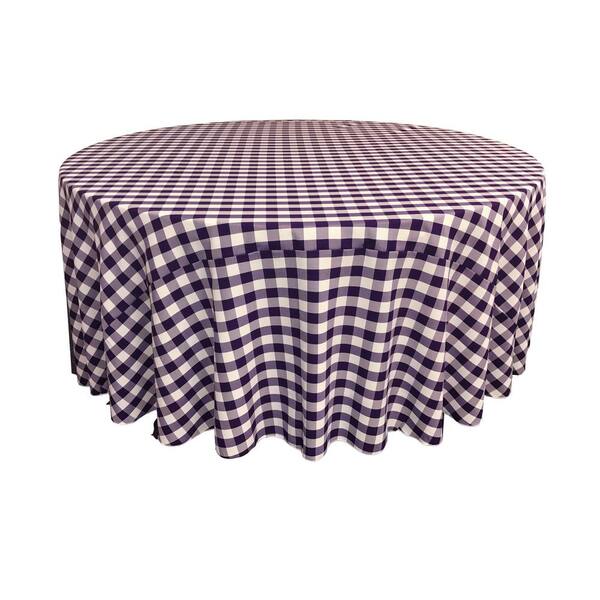 LA Linen 132 in. White and Purple Polyester Gingham Checkered Round Tablecloth