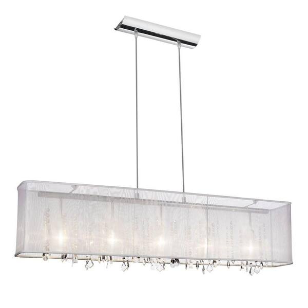 Radionic Hi Tech Bohemian 5-Light Polished Chrome Horizontal Crystal Chandelier with White Organza Rectangular Shade