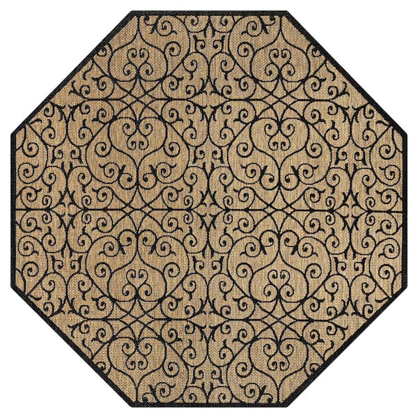 Madrid Vintage Filigree Textured Weave Black/Khaki 5 ft. Octagon Indoor/Outdoor Area Rug