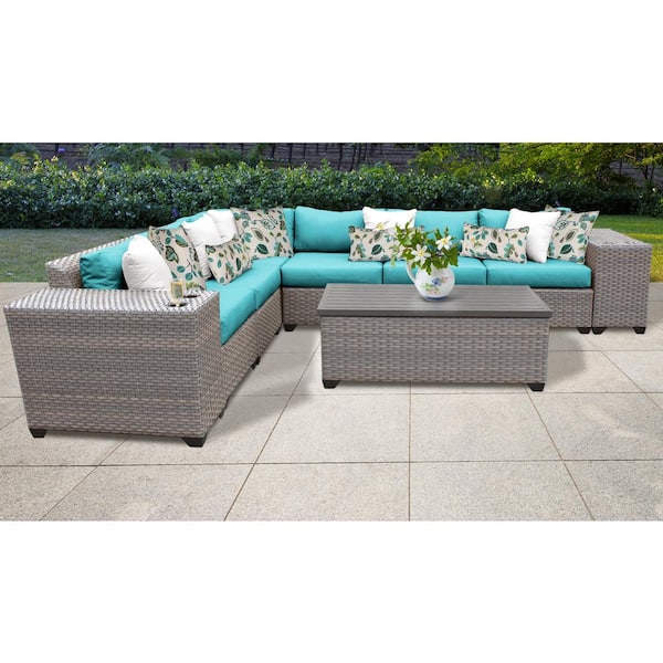 TK CLASSICS Florence 9-Piece Wicker Outdoor Sectional Seating Group with Aruba Blue Cushions
