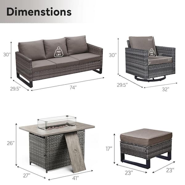 U-Frame 6-Piece Gray Wicker Fire Pit Conversation Set with Olefin Gray Cushions and Swivel Glider Chairs/Couch