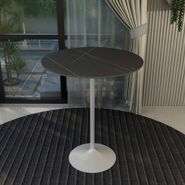 Leisuremod Round 36 in. Bar Height Dining Table with Sintered Stone Top and White Steel Base Verve Series in Black Marbleized