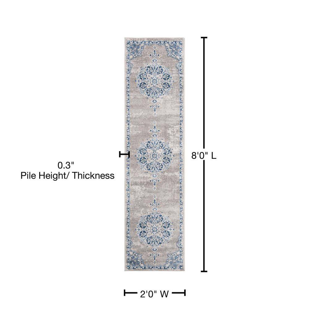 Elegance Light Grey/Blue Hand-Knotted 2'x8' Synthetic Area Rug