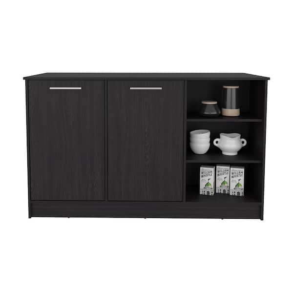 Black Wood 59.0 in. Kitchen Island with 2 Cabinets and 3 Open Shelves