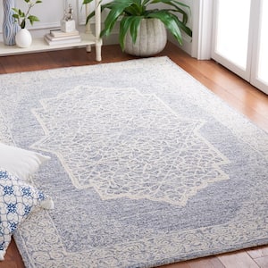 Abstract Ivory/Blue 6 ft. x 6 ft. Border Medallion Square Area Rug