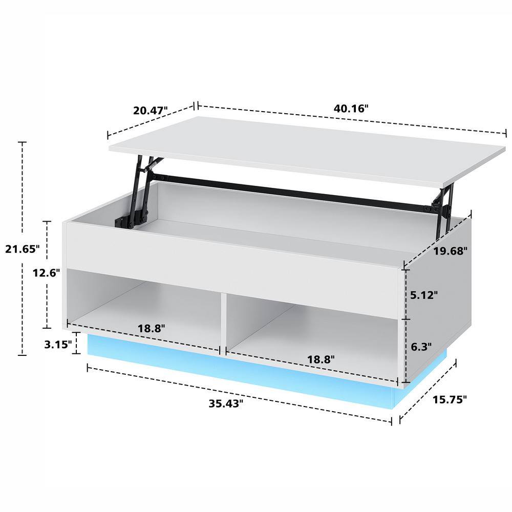 40" White Particle Board Lift-Top Coffee Table with LED Lights