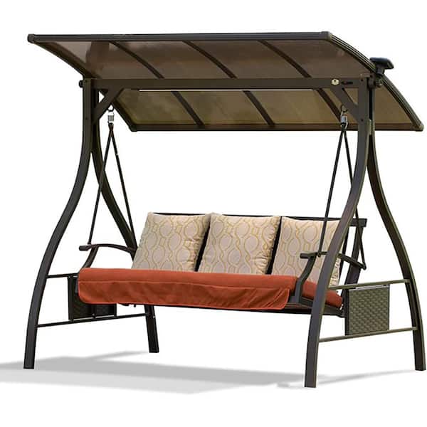 Anvil 3-Person Metal Porch Outdoor Patio Swing with Cushions, Swing Chair Bench with Adjustable Canopy and Solar LED Light