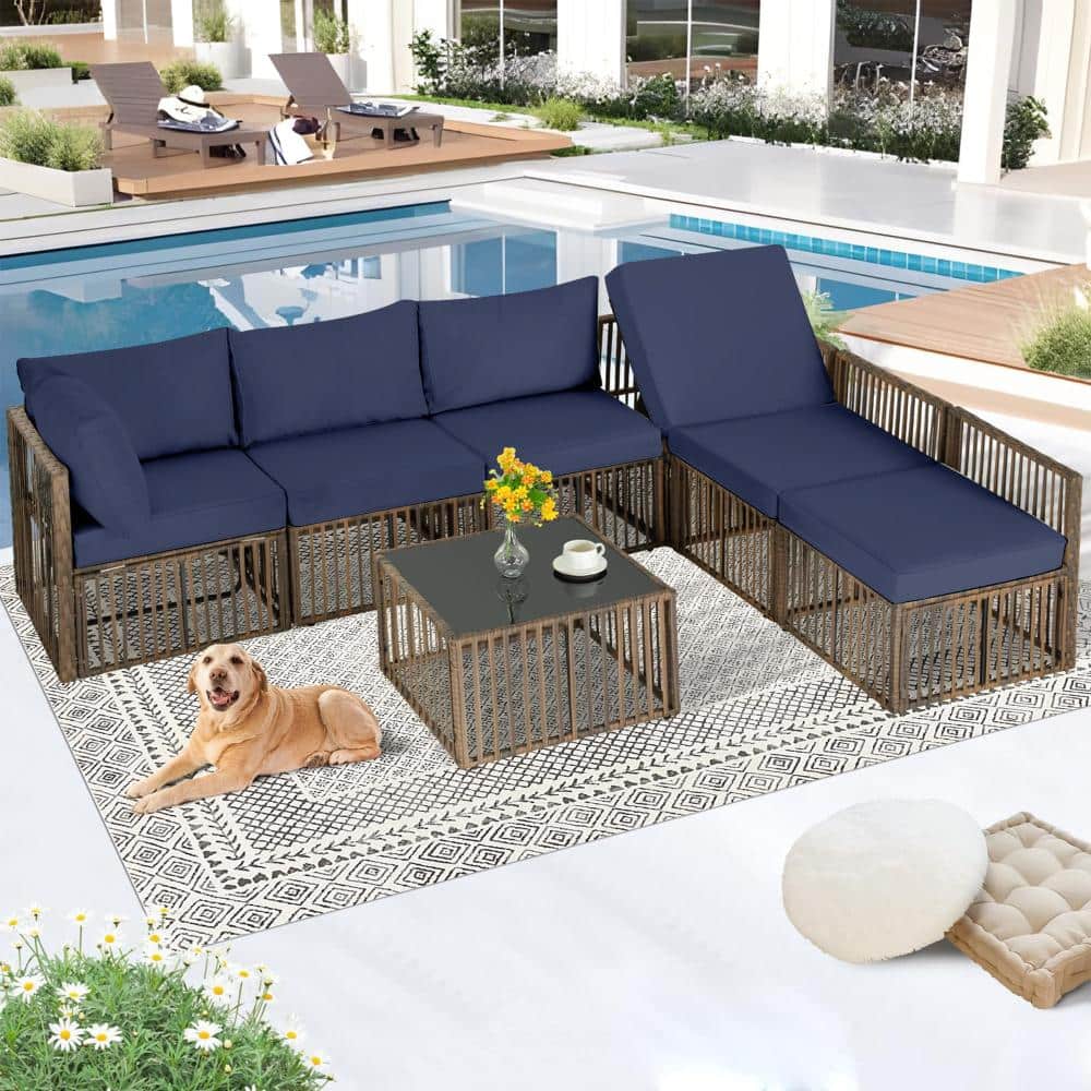 7-Piece Wicker Patio Conversation Set Chairs Patio Sofa and Coffee Table with Blue Cushions price history on PriceWatchPro