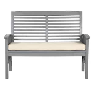 Boardwalk 48 in. Grey Wash Acacia Wood Outdoor Loveseat Bench with Cream Cushions