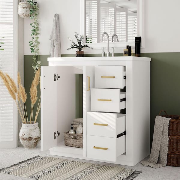30 in. W x 18 in. D x 34 in. H Freestanding Bath Vanity in White with White Ceramic Top Single Basin Sink and Storage