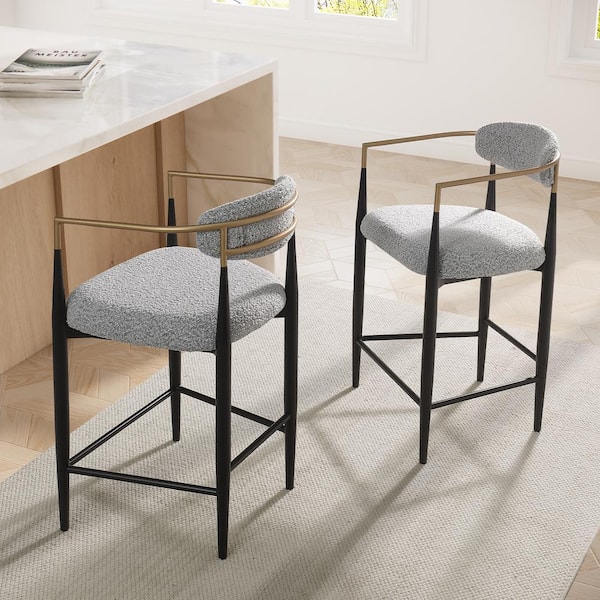 Morden Fort Modern Gray Boucle Counter Height Bar Stool for Kitchen Island, Metal Frame Dining Room Chair Barstools Set of 2