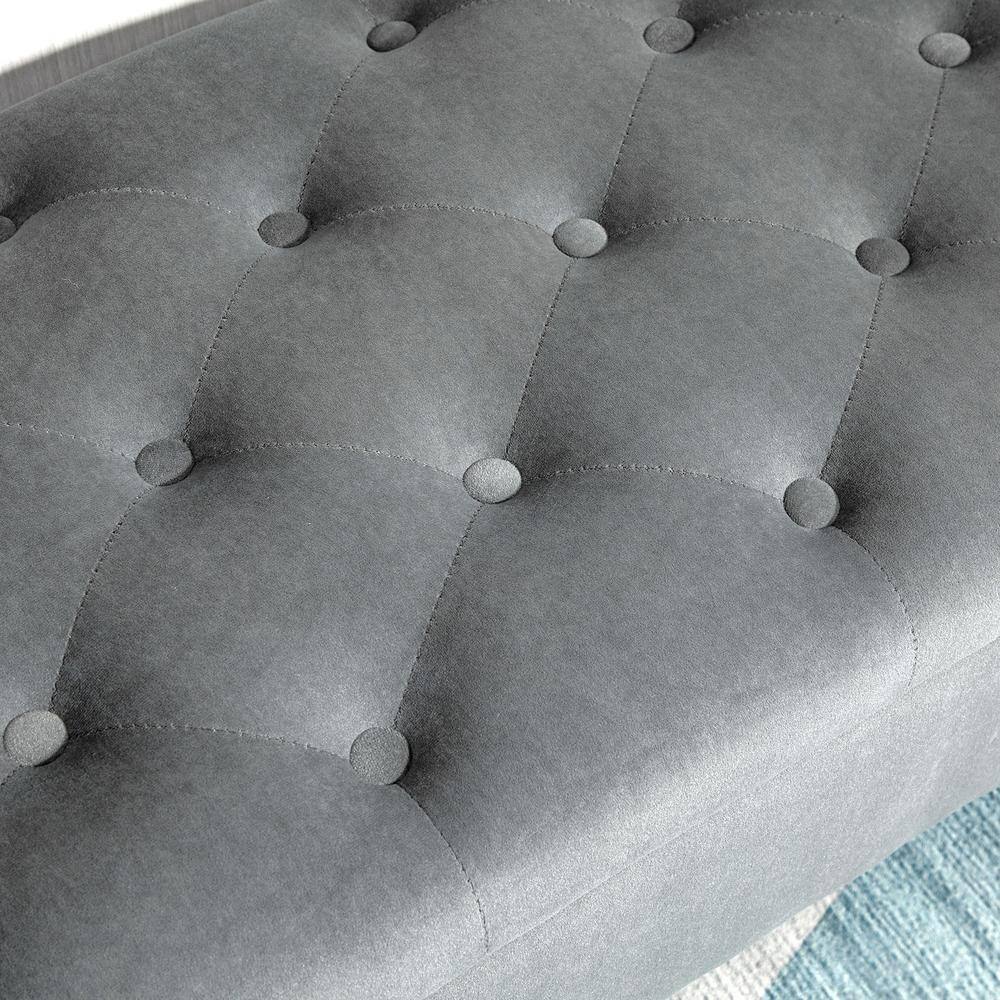 Gray Velvet Tufted Storage Ottoman Footstool with Rolled Armrests
