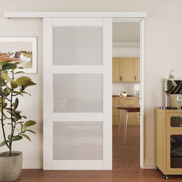 ARK DESIGN 36 in. W. x 80 in. Hidden Track Style 3-Lite Tempered Frosted Glass White Primed MDF Sliding Barn Door with Hardware Kit