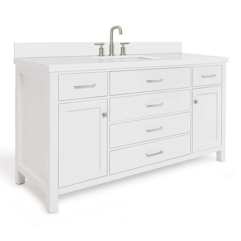 Bristol 61" White Solid Wood Freestanding Vanity with Quartz Top