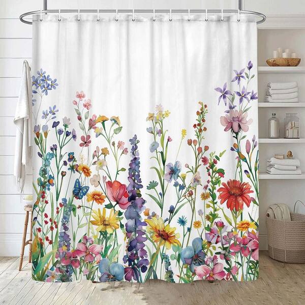 Pink Grey Watercolor Floral Shower Curtain 72x72 Inch – Minimalist Bathroom Decor With 12 Hooks - View #12