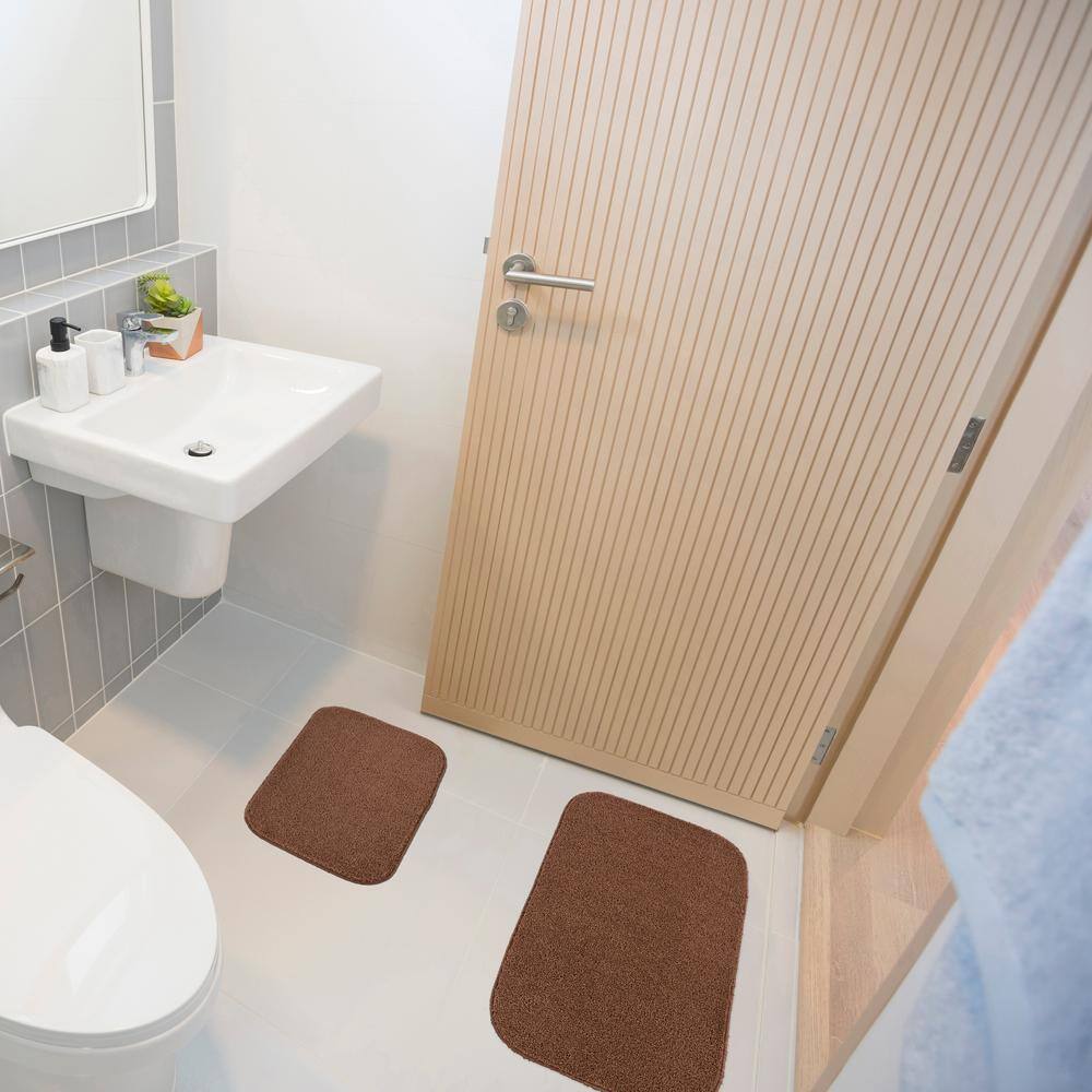 Cinnamon Brown Plush Polypropylene Bath Rug Set, 2-Piece