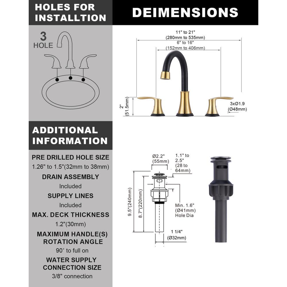 Black and Gold Stainless Steel Widespread Bathroom Faucet