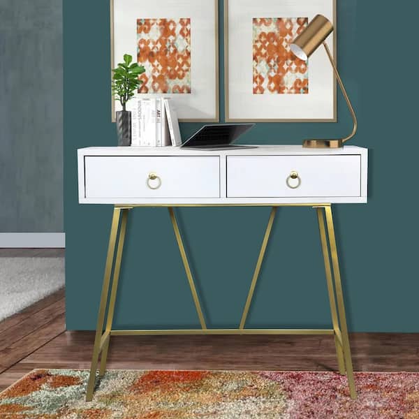  SUPERJARE 35.4 White and Gold Desk with 2 Drawers, Modern  Makeup Vanity Desk with Padded Stool, Small Computer Desk Home Office Desk  for Writing Study Bedroom : Home & Kitchen