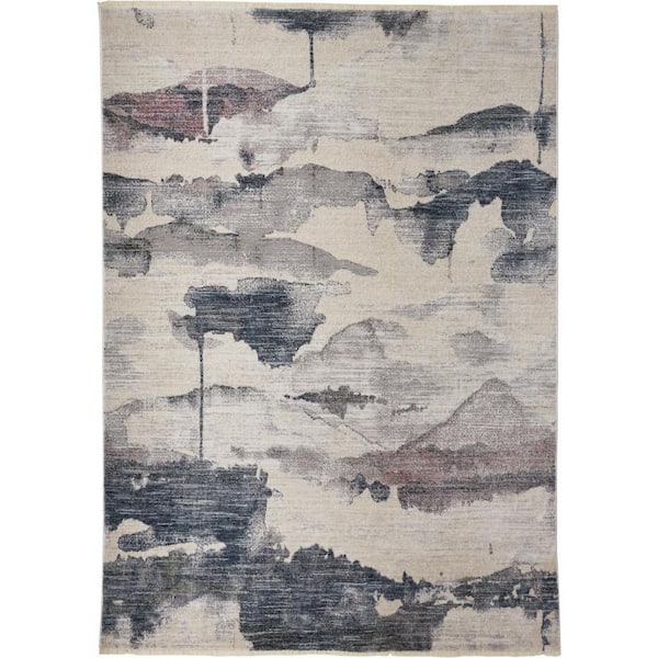 2 ft. x 8 ft. Ivory, Blue Abstract Area Rug