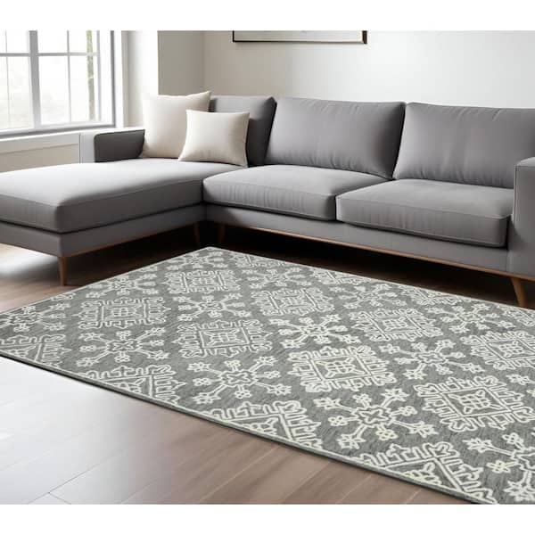 8 ft. x 10 ft. Gray and Beige Wool Oriental Hand Hooked Area Rug