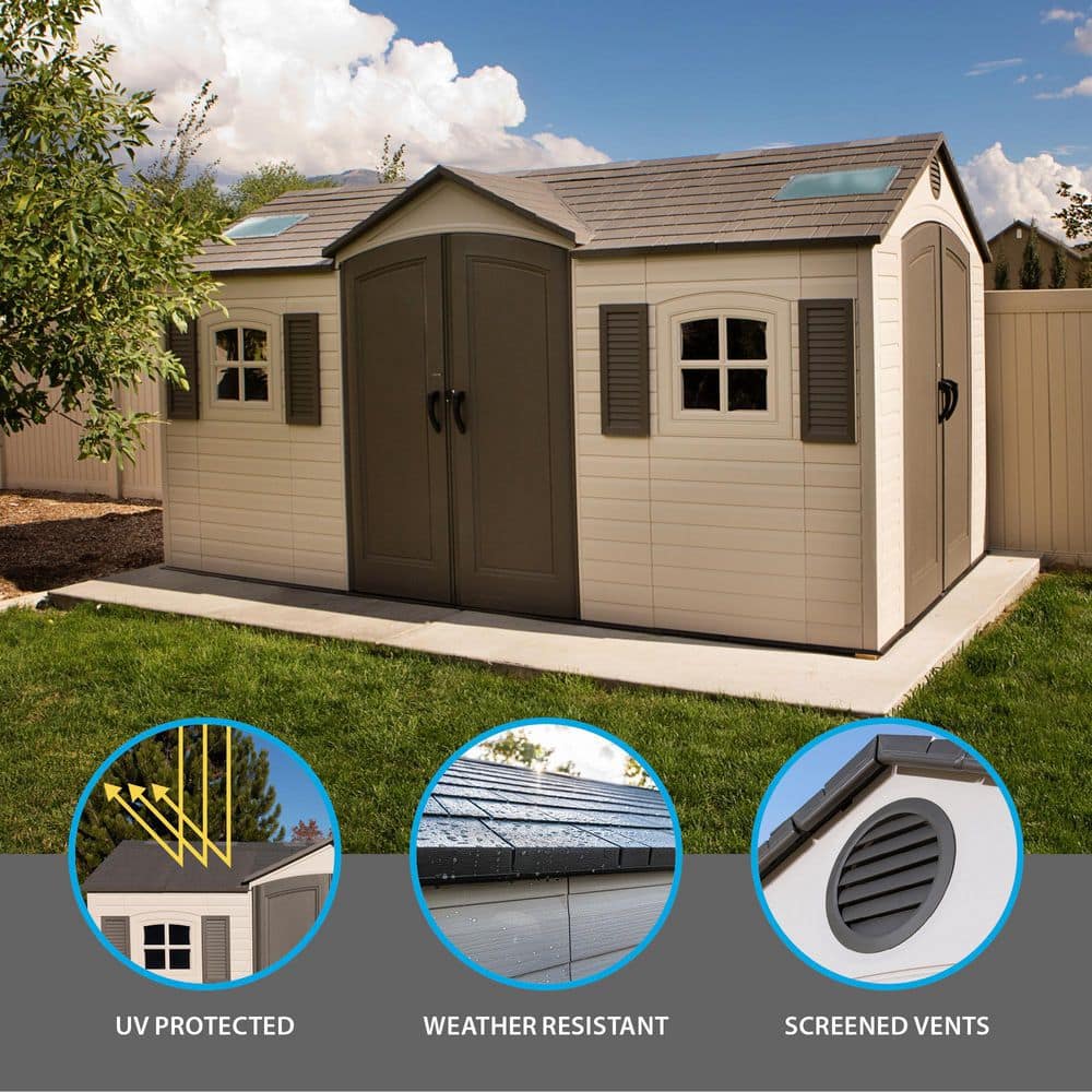 Beige Dual Entry 15' x 8' Outdoor Storage Shed with Windows