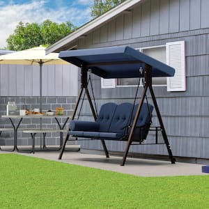 3-Seat Navy Deluxe Metal Outdoor Patio Swing Chair with Converting Canopy and Removable Cushions