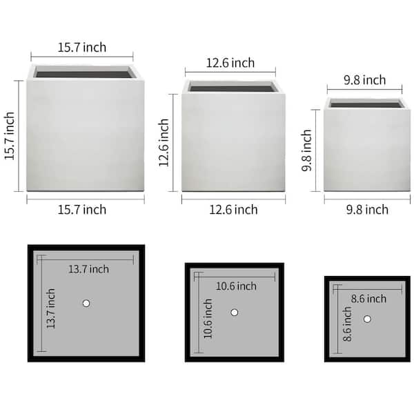 Kante 16 in., 12 in. and 10 in. H Square Lightweight Pure White Concrete Metal Indoor Outdoor Planters (Set of 3)