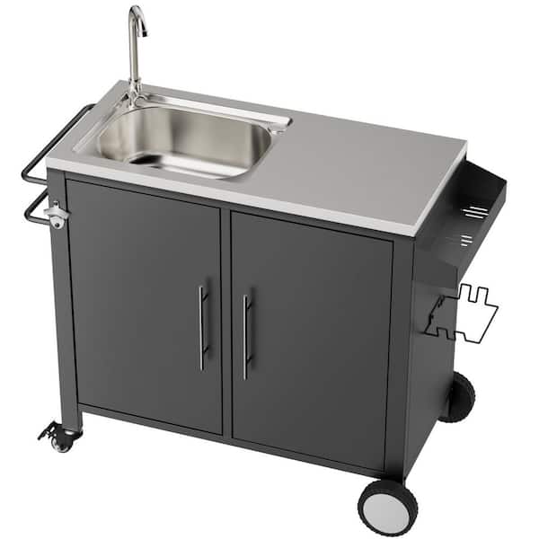 38 in. x 18 in. x 35.5 in. Black Outdoor Grill Cart with Faucet&Sink&Pipe/Handle/Wheels&Brake/Cabinet/Hooks/Spice Rack
