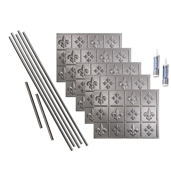 Fasade Fleur de Lis 18 in. x 24 in. Galvanized Steel Vinyl Decorative Wall Tile Backsplash 15 sq. ft. Kit