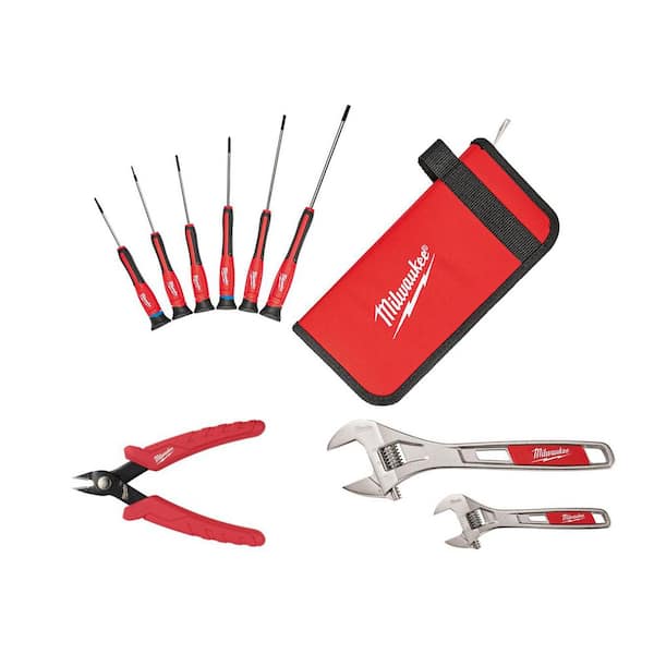 6PC Precision Screwdriver Set, Mini Flush Cutters, and 2 Pc. 6" & 10" Adjustable Wrench Set