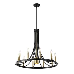 Dante 30" 11-Light Transitional Modern Iron Adjustable Wagon Wheel LED Chandelier with Downlight, Black/Brass Gold