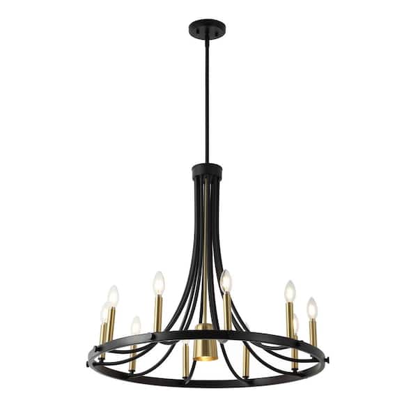 JONATHAN Y Dante 30" 11-Light Transitional Modern Iron Adjustable Wagon Wheel LED Chandelier with Downlight, Black/Brass Gold