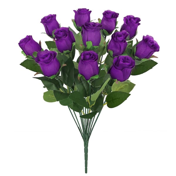 LIVING LUXURY 19.5 in. Royal Purple Artificial Rose Bud Flower Stem Bush Bouquet (Set of 2)